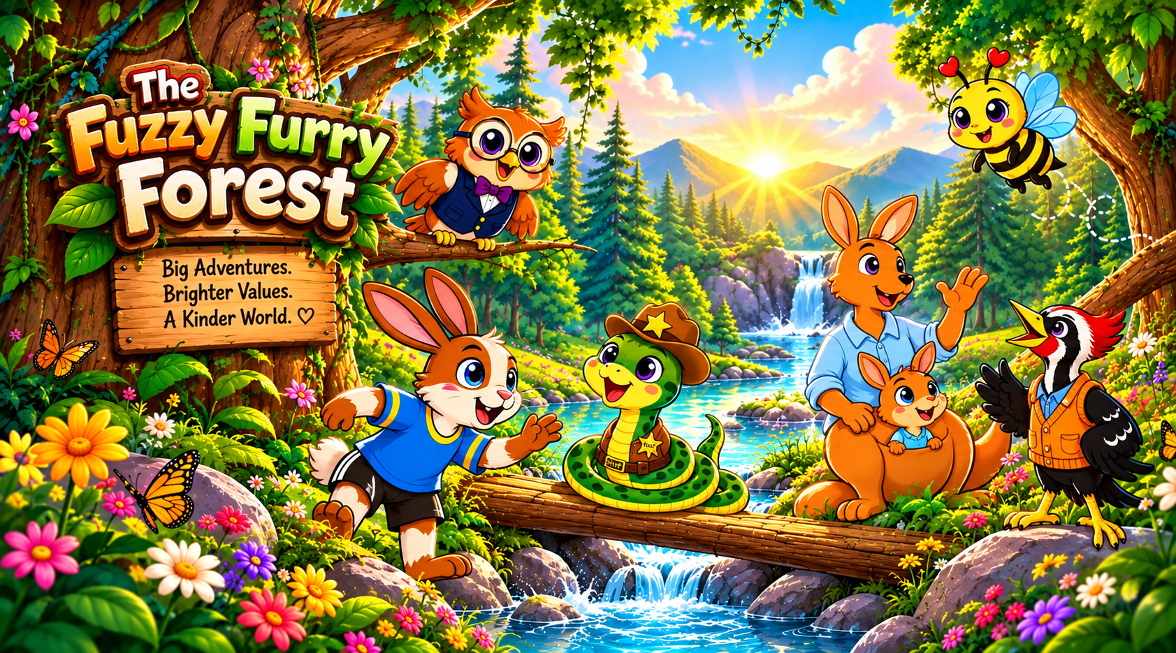 The Fuzzy Furry Forest friends together in a sunny woodland